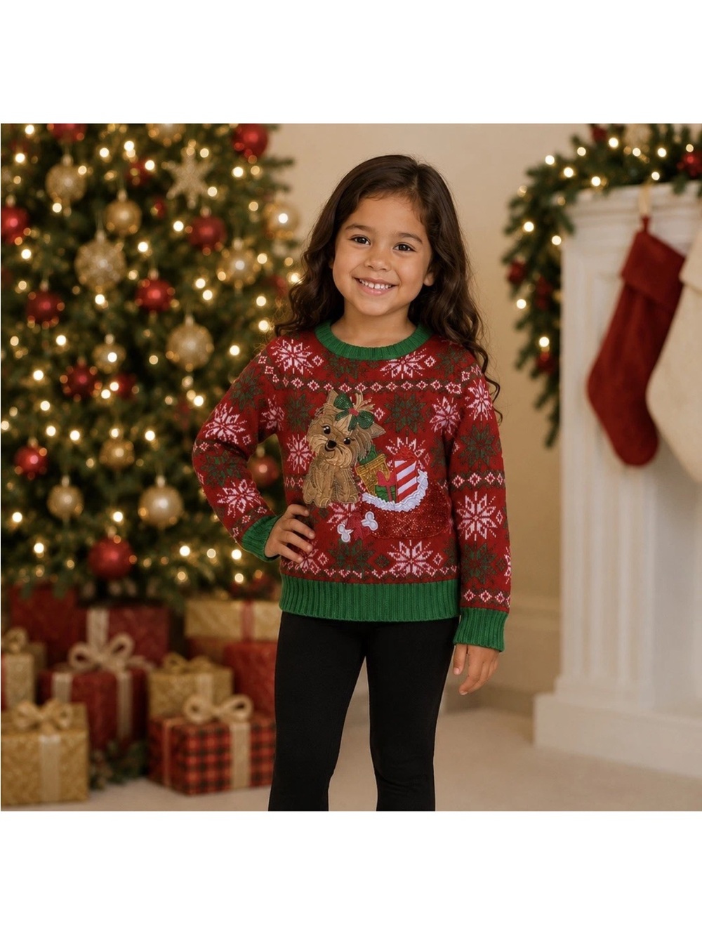 Girls' Red Holiday yorkie Dog Knit Christmas Sweater with Green Trim XXS 4-5